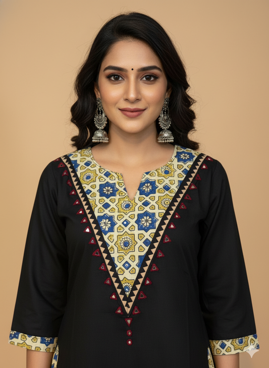 Beautiful Cotton Kurthi with V-Shaped Ajarak Prints in Yoke and in Sleeve Code-213