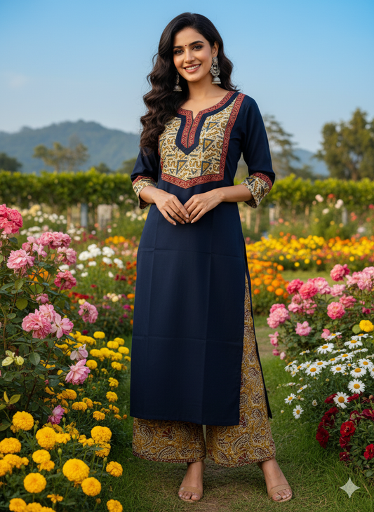Beautiful Cotton Kurthi with Ajarak Prints in Yoke and in Sleeve Code-214