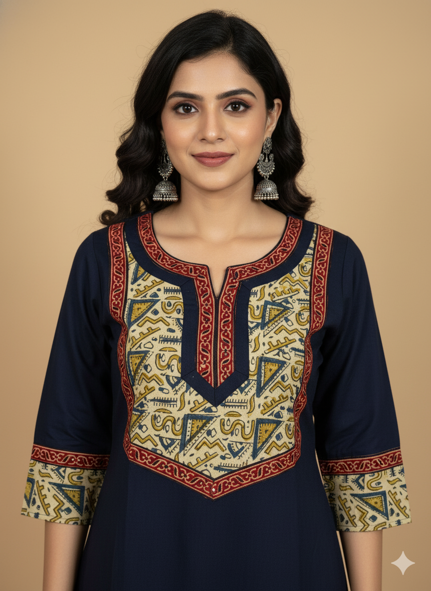 Beautiful Cotton Kurthi with Ajarak Prints in Yoke and in Sleeve Code-214