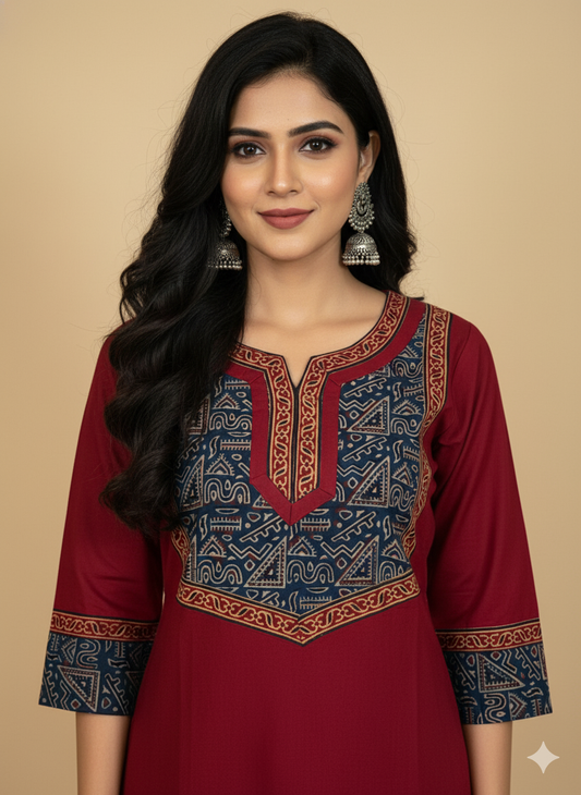 Beautiful Cotton Kurthi with Ajarak Prints in Yoke and in Sleeve Code-216