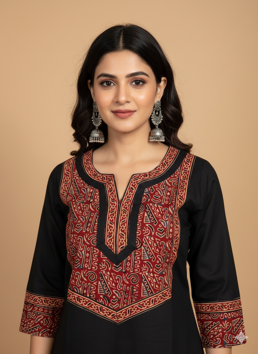 Beautiful Cotton Kurthi with Ajarak Prints in Yoke and in Sleeve Code-217