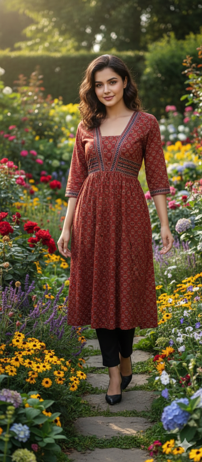 Beautiful Cotton Kurthi with Ajarak Prints with Box Neck and V Pattern in Yoke - Design Code 218