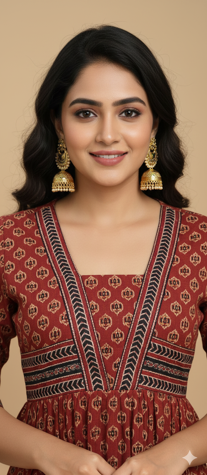 Beautiful Cotton Kurthi with Ajarak Prints with Box Neck and V Pattern in Yoke - Design Code 218