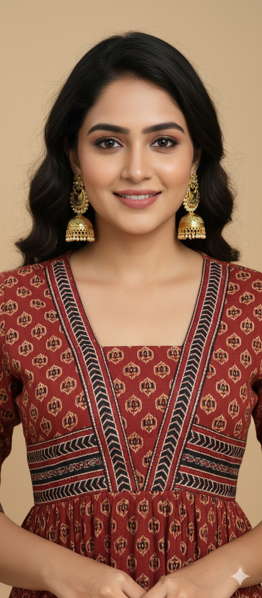 Beautiful Cotton Kurthi with Ajarak Prints with Box Neck and V Pattern in Yoke - Design Code 218