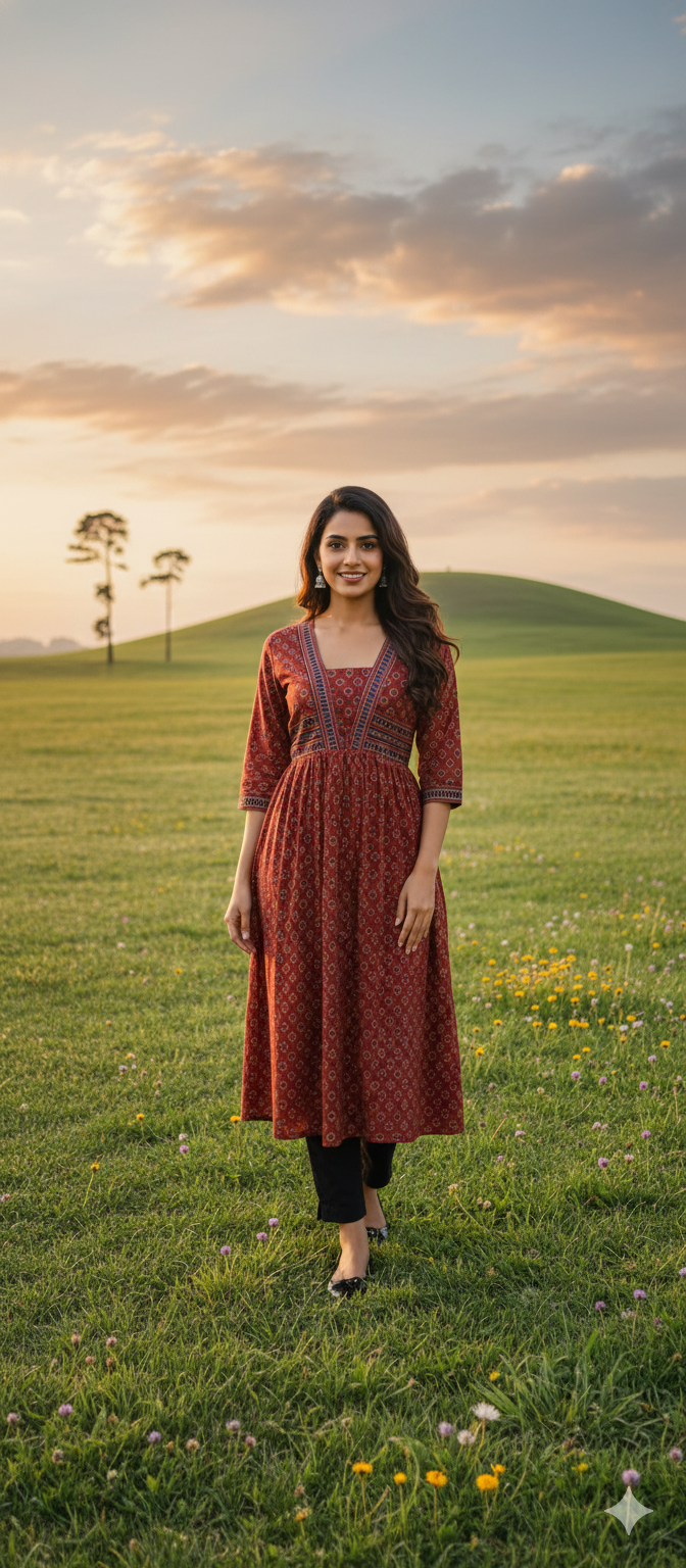 Beautiful Cotton Kurthi with Ajarak Prints with Box Neck and V Pattern in Yoke - Design Code 218