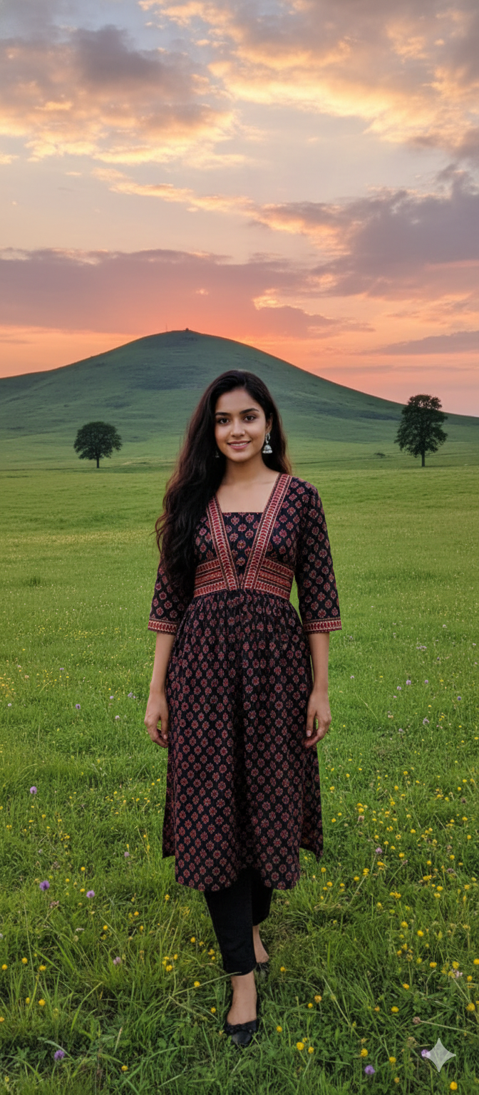 Beautiful Cotton Kurthi with Ajarak Prints with Box Neck and V Pattern in Yoke - Design Code 219