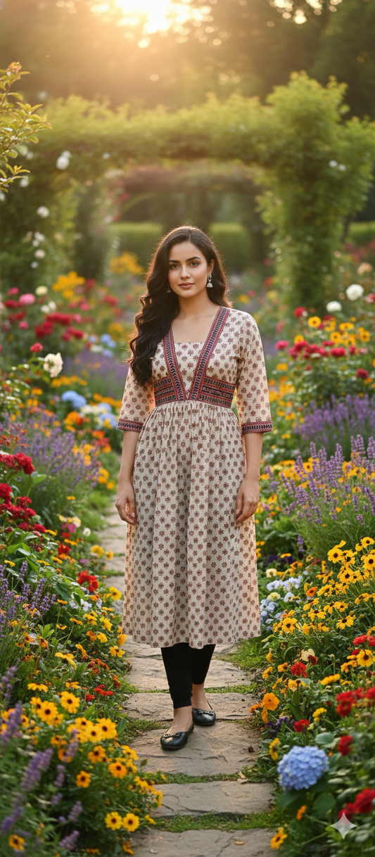 Beautiful Cotton Kurthi with Ajarak Prints with Box Neck and V Pattern in Yoke - Design Code 220