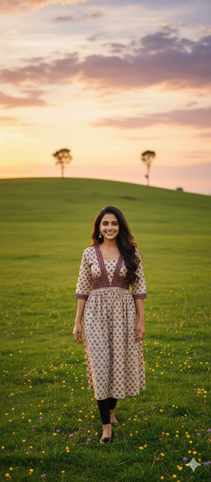 Beautiful Cotton Kurthi with Ajarak Prints with Box Neck and V Pattern in Yoke - Design Code 220