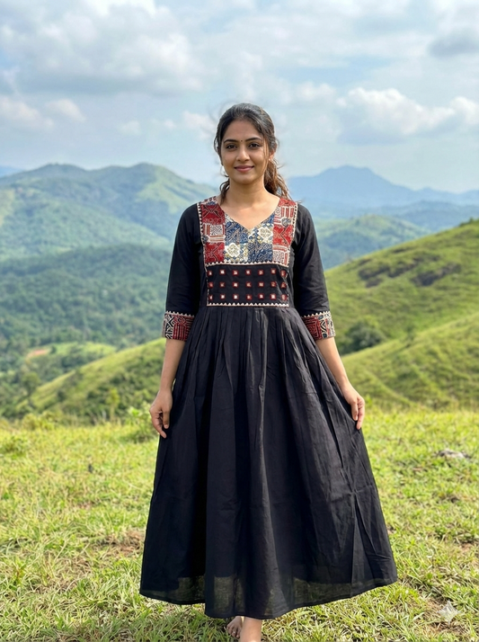 Beautiful Cotton Kurthi in Frock Pattern with Ajarak Print in Yoke & Sleeve