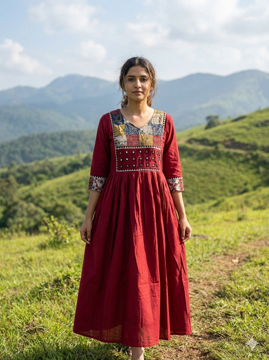 Beautiful Cotton Kurthi in Frock Pattern with Ajarak Print in Yoke & Sleeve