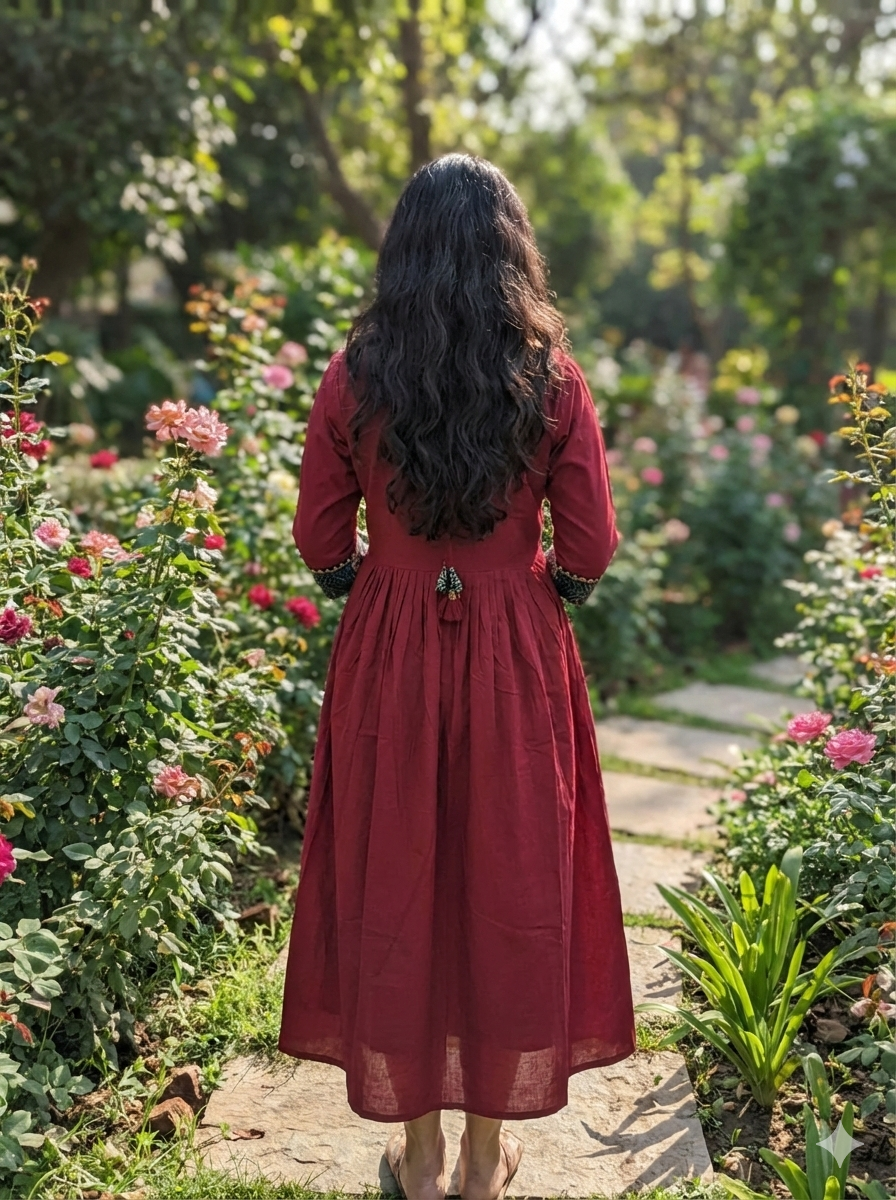 Beautiful Cotton Kurthi in Frock Pattern with Ajarak Print in Yoke & Sleeve