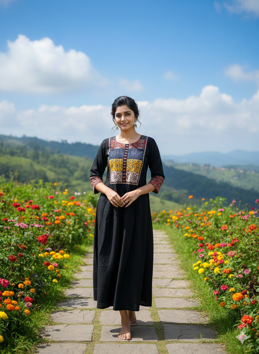 Beautiful Cotton Kurthi in Frock Pattern with Ajarak Print in Yoke & Sleeve