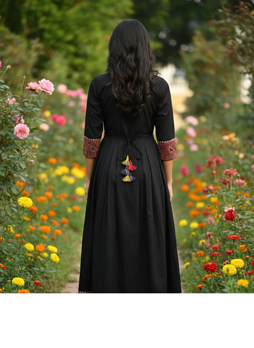 Beautiful Cotton Kurthi in Frock Pattern with Ajarak Print in Yoke & Sleeve
