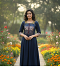 Beautiful Cotton Kurthi in Frock Pattern with Ajarak Print in Yoke & Sleeve