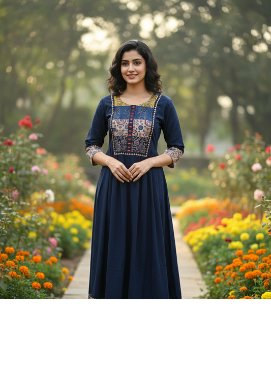 Beautiful Cotton Kurthi in Frock Pattern with Ajarak Print in Yoke & Sleeve