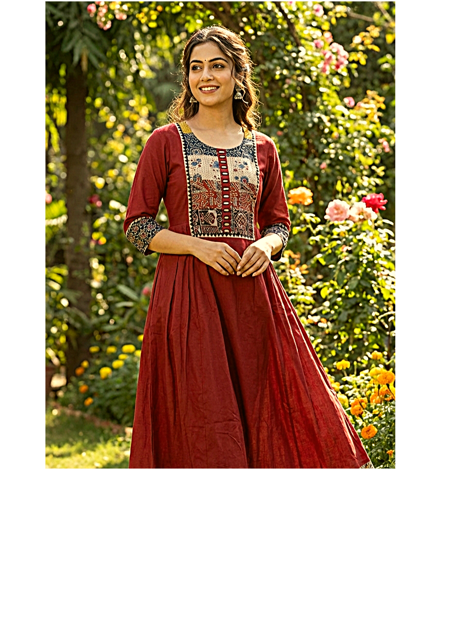 Beautiful Cotton Kurthi in Frock Pattern with Ajarak Print in Yoke & Sleeve