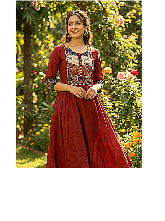 Beautiful Cotton Kurthi in Frock Pattern with Ajarak Print in Yoke & Sleeve