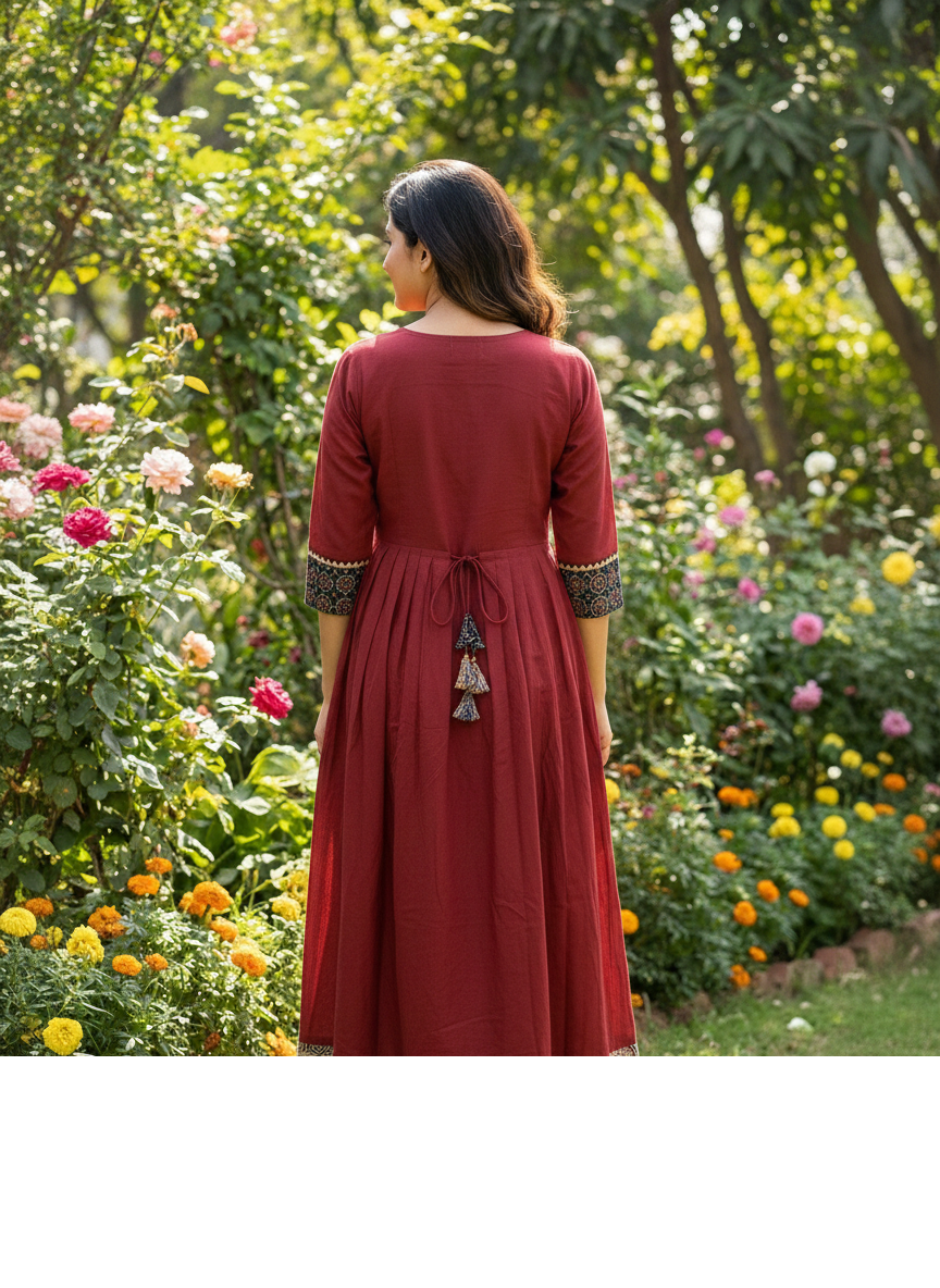 Beautiful Cotton Kurthi in Frock Pattern with Ajarak Print in Yoke & Sleeve
