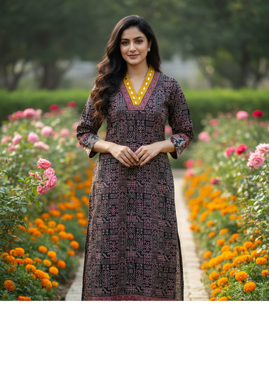 Beautiful Cotton Kurthi with Ajarak Prints with V-Neck Printed Designs Code-231
