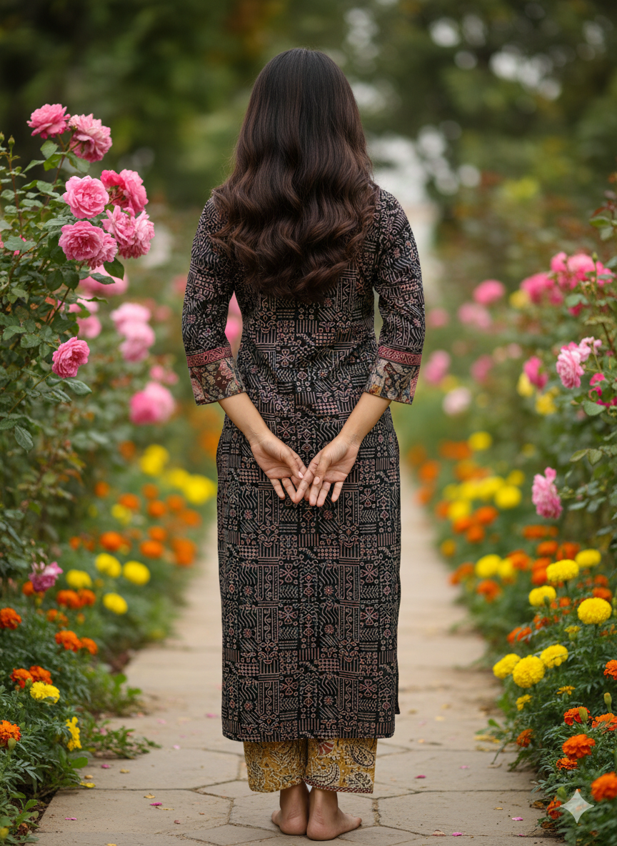 Beautiful Cotton Kurthi with Ajarak Prints with V-Neck Printed Designs Code-231