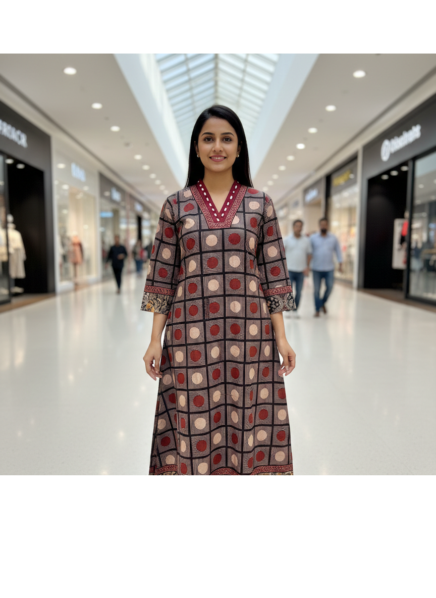 Beautiful Cotton Kurthi with Ajarak Prints with V-Neck Printed Designs Code-232