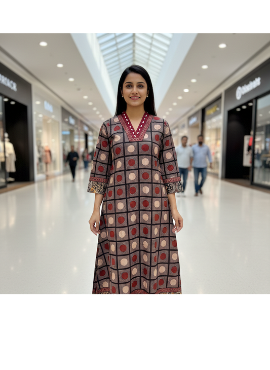 Beautiful Cotton Kurthi with Ajarak Prints with V-Neck Printed Designs Code-232