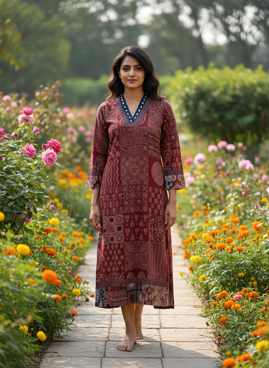 Beautiful Cotton Kurthi with Ajarak Prints with V-Neck Printed Designs Code-232