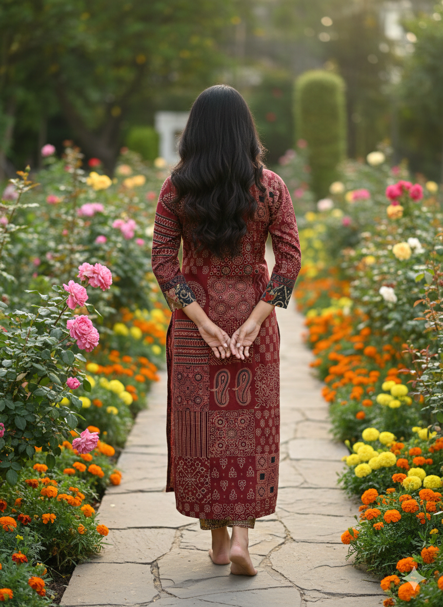Beautiful Cotton Kurthi with Ajarak Prints with V-Neck Printed Designs Code-232