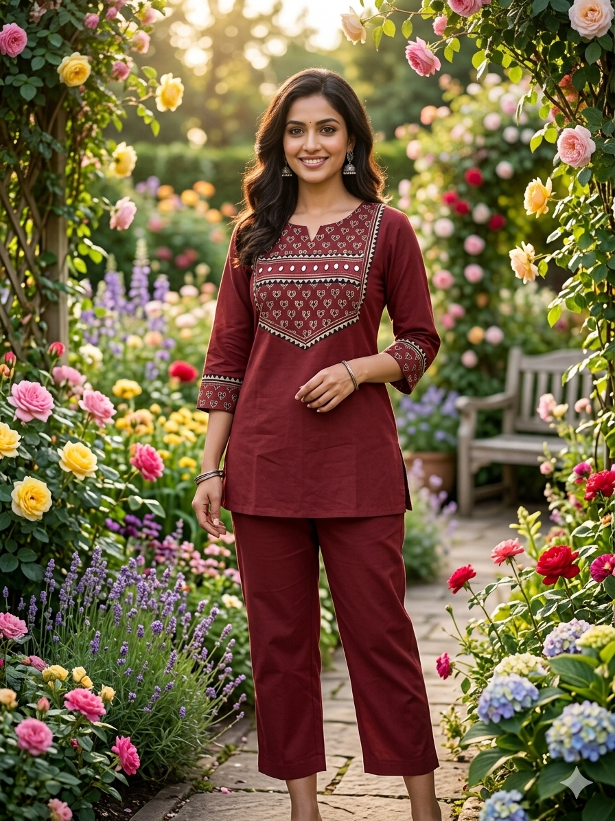 Premium Cotton Co-Ord Set in Maroon and Black