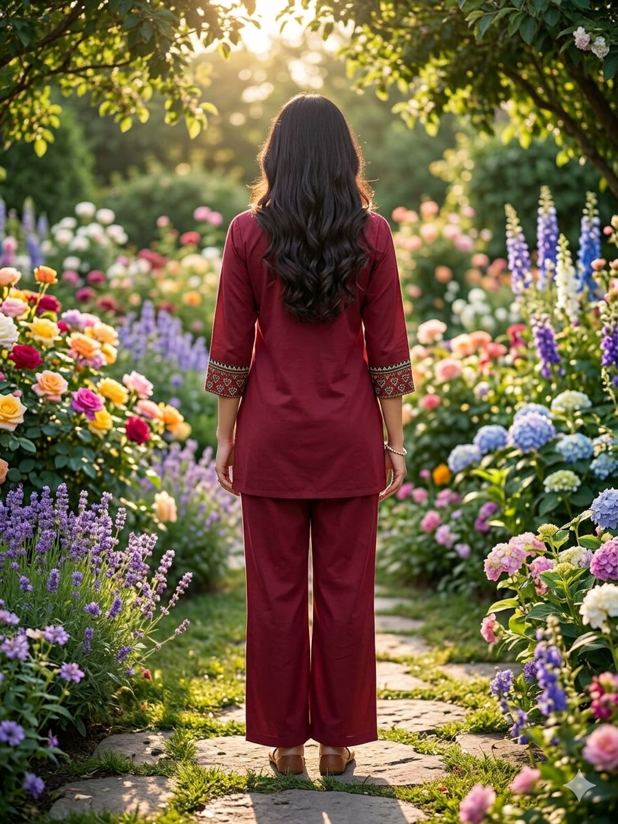 Premium Cotton Co-Ord Set in Maroon and Black