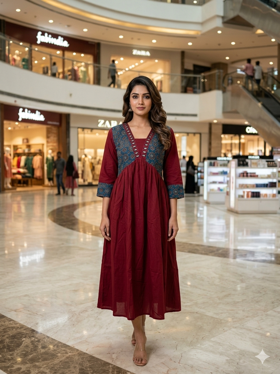 Beautiful Cotton Aliya Cut Kurthi with Block Prints and Mirror Work - Design Code 235