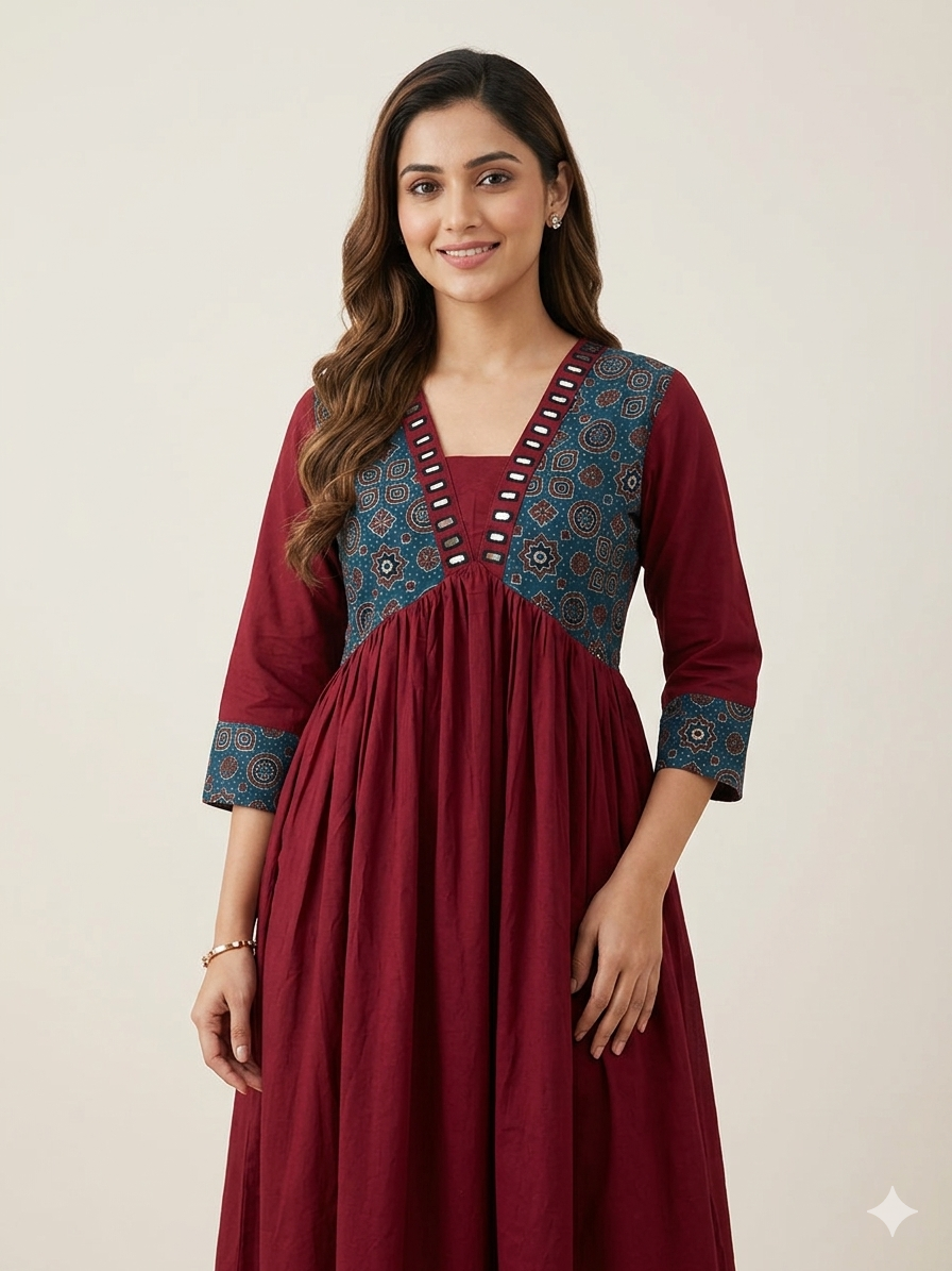 Beautiful Cotton Aliya Cut Kurthi with Block Prints and Mirror Work - Design Code 235