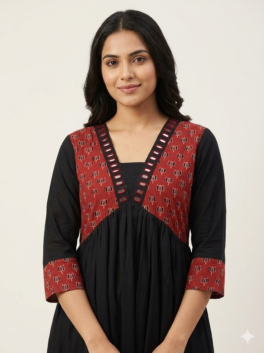 Beautiful Cotton Aliya Cut Kurthi with Block Prints and Mirror Work - Design Code 236