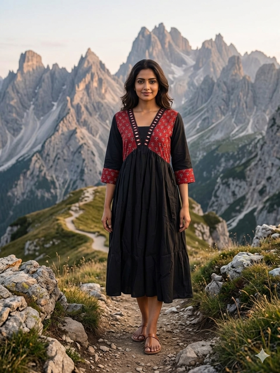 Beautiful Cotton Aliya Cut Kurthi with Block Prints and Mirror Work - Design Code 236