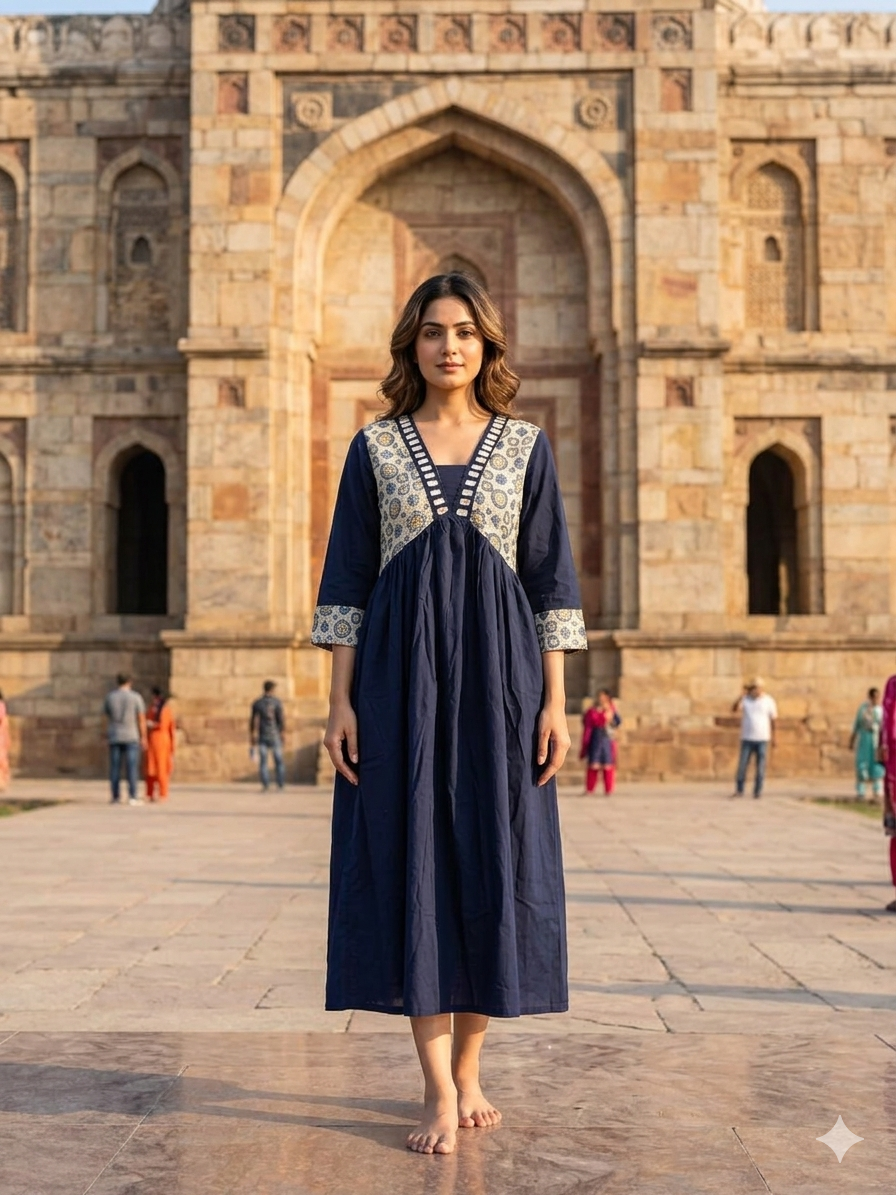 Beautiful Cotton Aliya Cut Kurthi with Block Prints and Mirror Work - Design Code 237