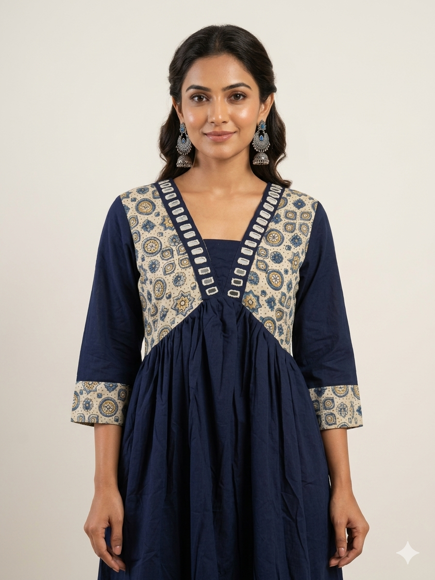 Beautiful Cotton Aliya Cut Kurthi with Block Prints and Mirror Work - Design Code 237
