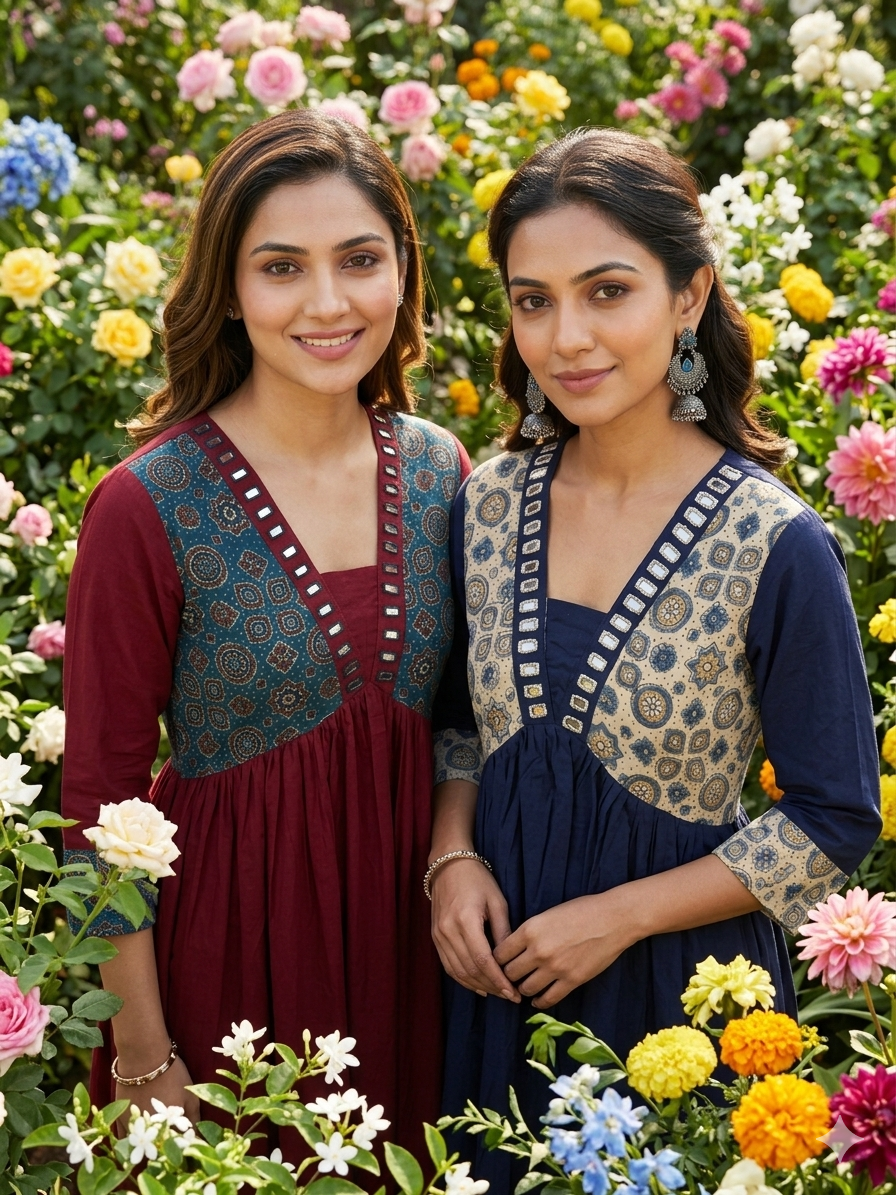 Beautiful Cotton Aliya Cut Kurthi with Block Prints and Mirror Work - Design Code 237