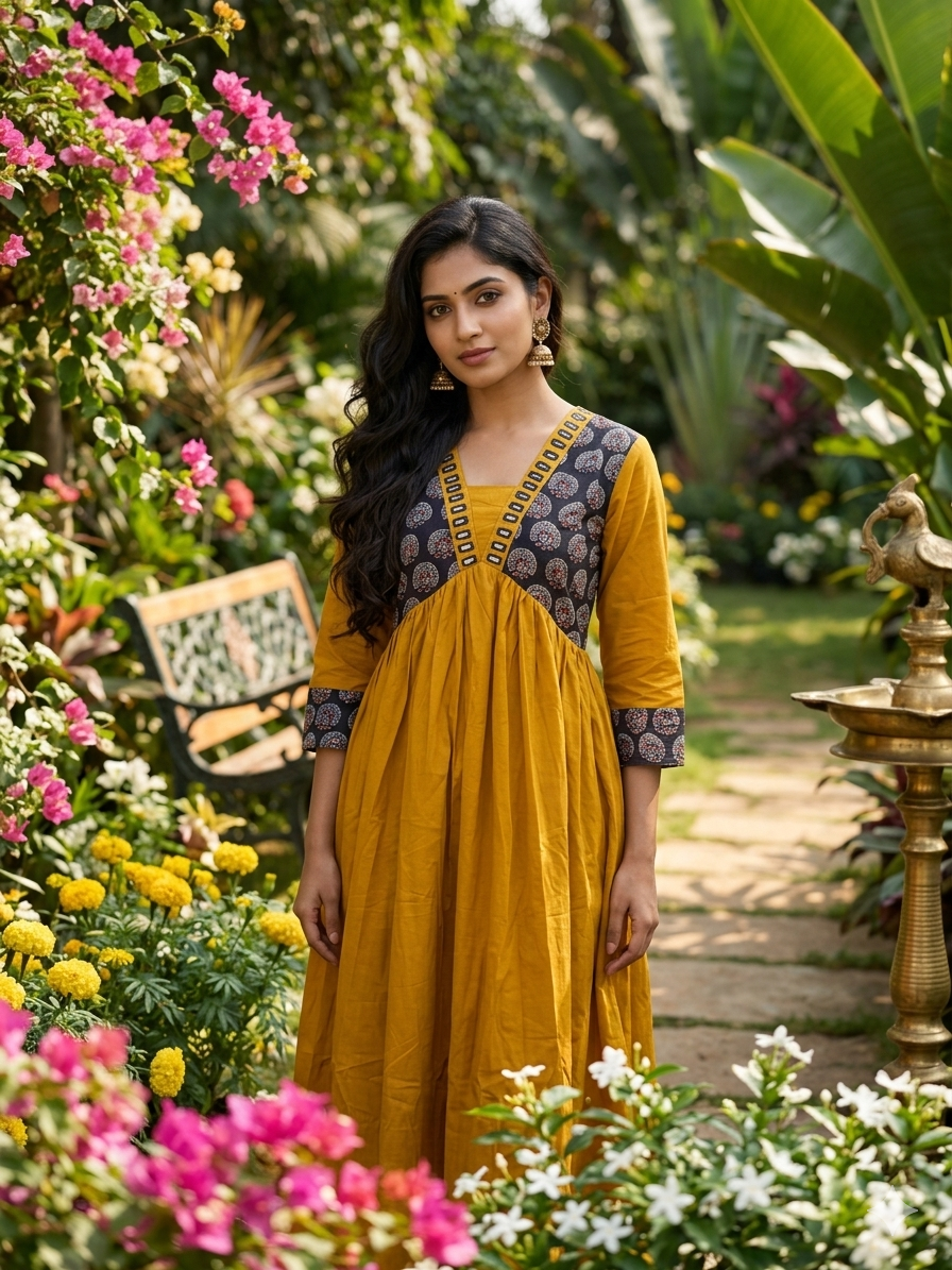 Beautiful Cotton Aliya Cut Kurthi with Block Prints and Mirror Work - Design Code 238