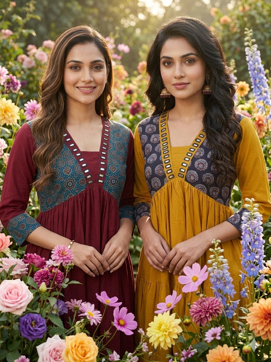 Beautiful Cotton Aliya Cut Kurthi with Block Prints and Mirror Work - Design Code 238