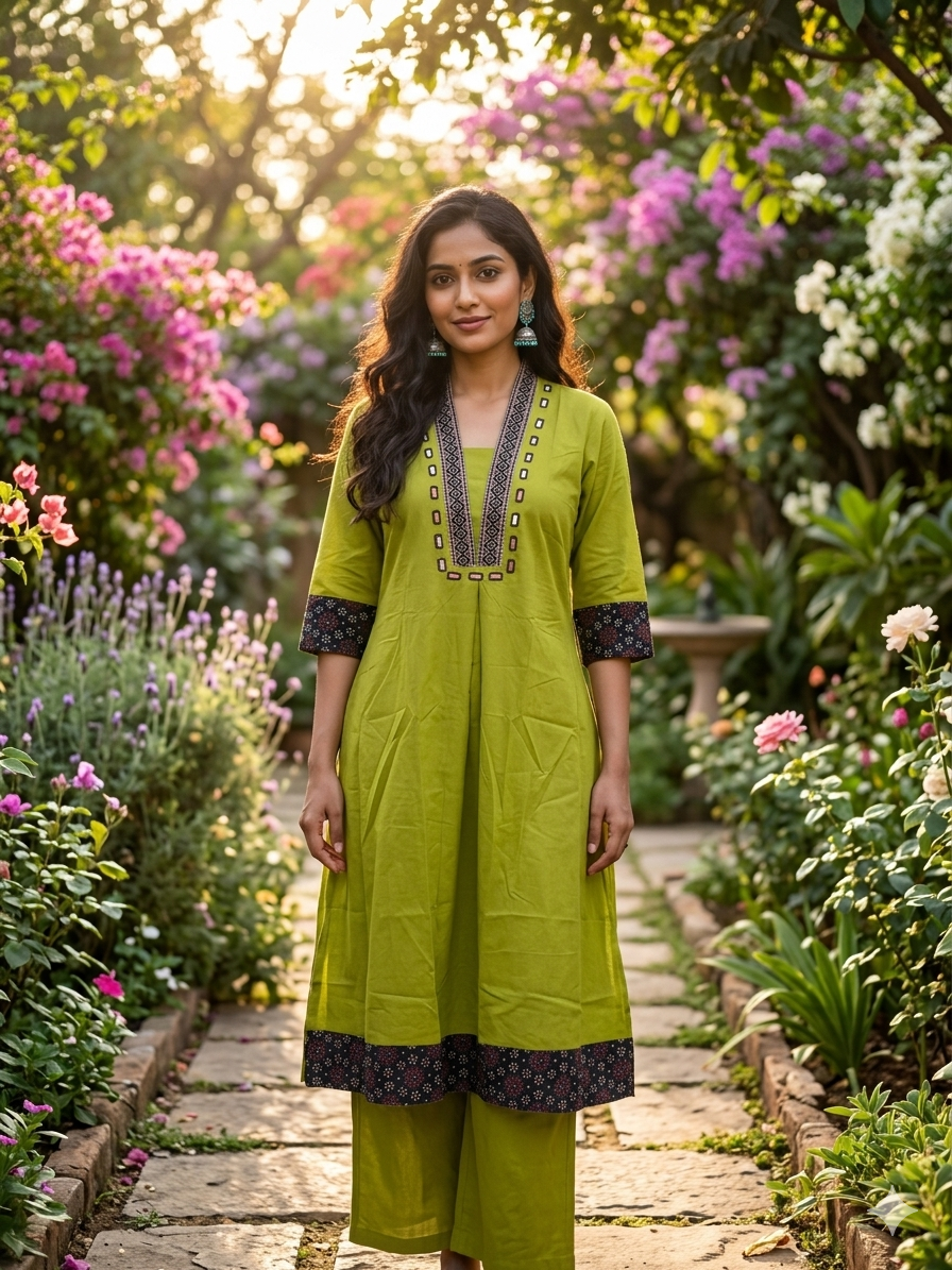 Premium Cotton Co-Ord Set with V-Neck Top in Green Color - Design Code UT00241