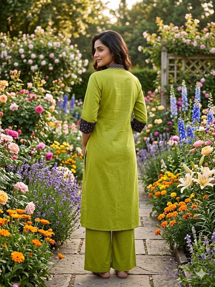 Premium Cotton Co-Ord Set with V-Neck Top in Green Color - Design Code UT00241