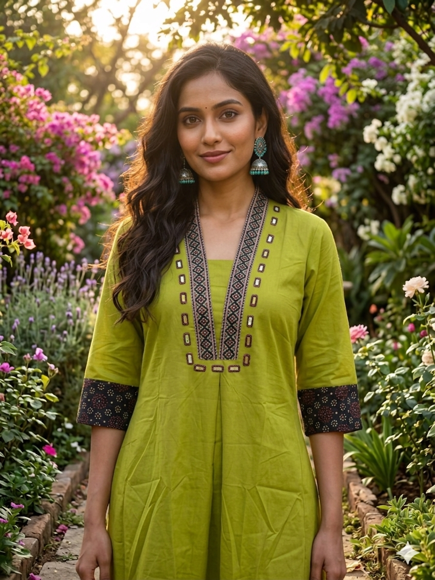 Premium Cotton Co-Ord Set with V-Neck Top in Green Color - Design Code UT00241