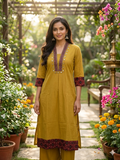 Premium Cotton Co-Ord Set with V-Neck Top in Mustard Color - Design Code UT00242