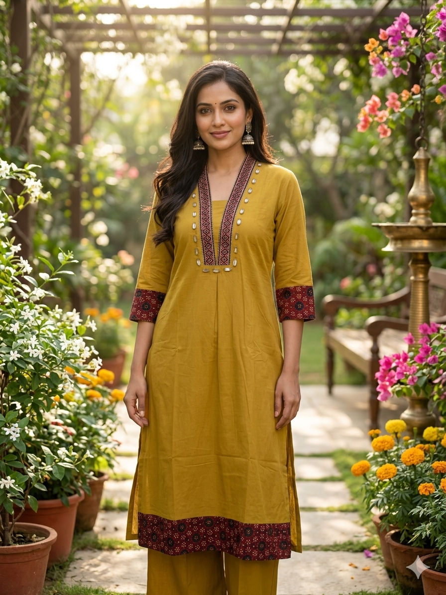 Premium Cotton Co-Ord Set with V-Neck Top in Mustard Color - Design Code UT00242