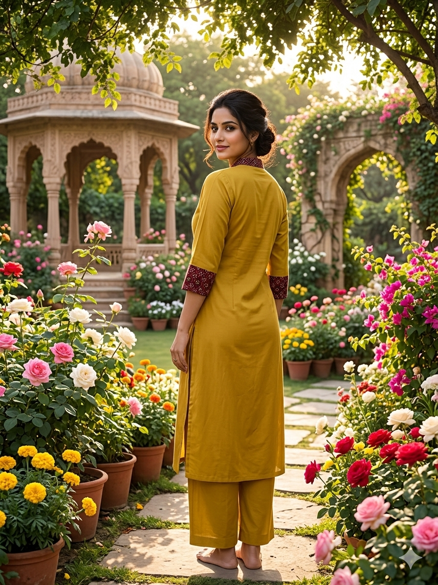 Premium Cotton Co-Ord Set with V-Neck Top in Mustard Color - Design Code UT00242