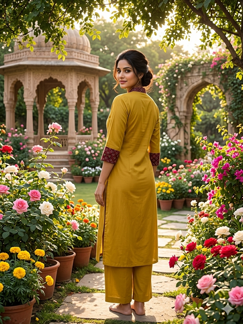 Premium Cotton Co-Ord Set with V-Neck Top in Mustard Color - Design Code UT00242