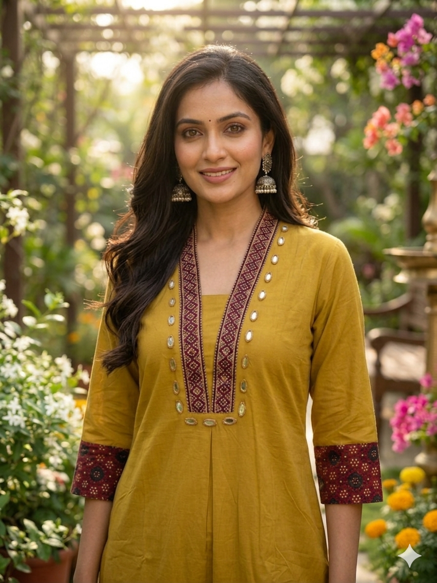 Premium Cotton Co-Ord Set with V-Neck Top in Mustard Color - Design Code UT00242