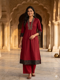 Premium Cotton Co-Ord Set with V-Neck Top in Maroon Color - Design Code UT00243