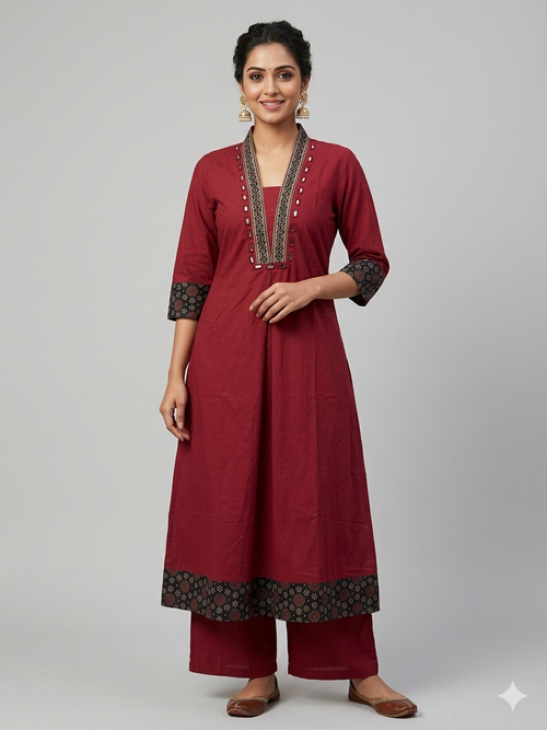 Premium Cotton Co-Ord Set with V-Neck Top in Maroon Color - Design Code UT00243