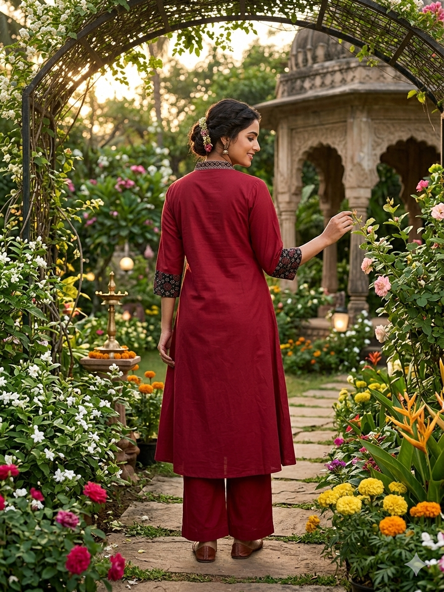 Premium Cotton Co-Ord Set with V-Neck Top in Maroon Color - Design Code UT00243
